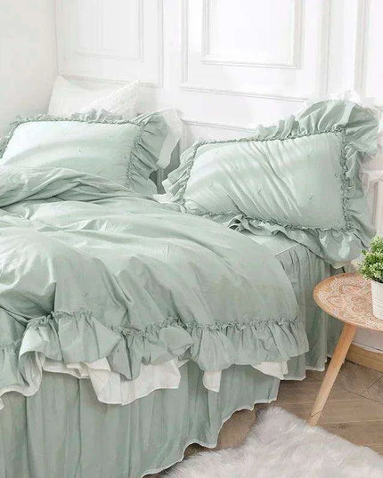 100% Cotton Solid Color Ruffled Bedding Set with Duvet Cover, Bed Skirt, and Pillowcases