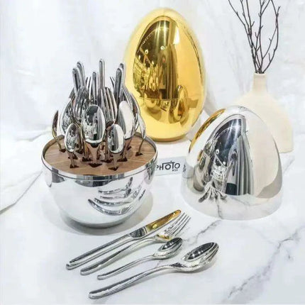 Sophisticated 24-Piece Stainless Steel Dining Collection with Unique Egg-Shaped Cutlery