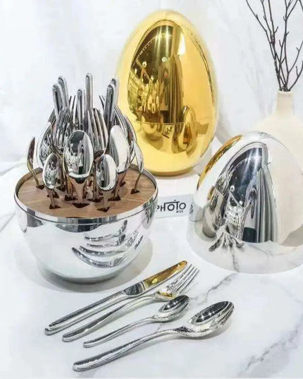 Sophisticated 24-Piece Stainless Steel Dining Collection with Unique Egg-Shaped Cutlery