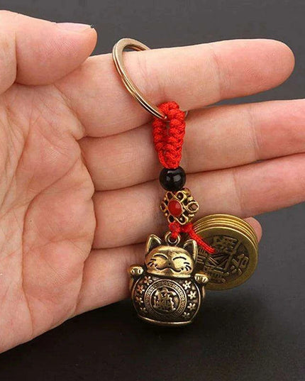 Lucky Fortune Cat Brass Keychain with Five Emperors Coin Charm