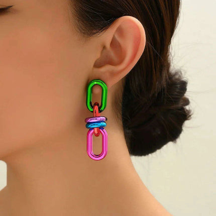 Emerald Edge Geometric Chain Earrings - Punk Chic Dangle Statement