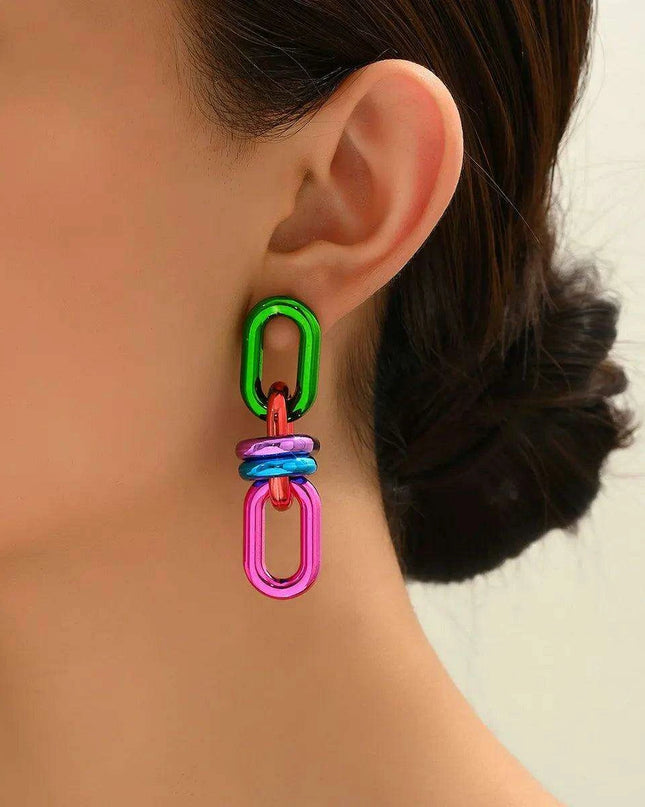 Emerald Edge Geometric Chain Earrings - Punk Chic Dangle Statement