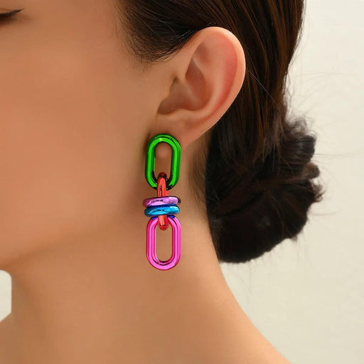 Emerald Edge Geometric Chain Earrings - Punk Chic Dangle Statement
