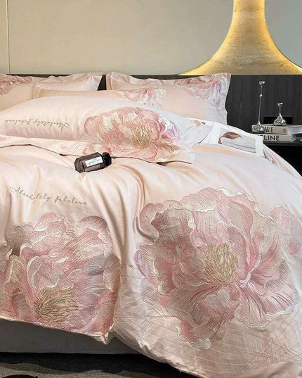 Elegant Floral Embroidery Cotton Bedding Collection - 4-Piece Duvet Cover Set with Sheets and Pillowcases in Soft Pink, Gray, and Blue