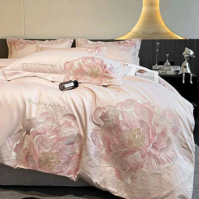 Elegant Floral Embroidery Cotton Bedding Collection - 4-Piece Duvet Cover Set with Sheets and Pillowcases in Soft Pink, Gray, and Blue