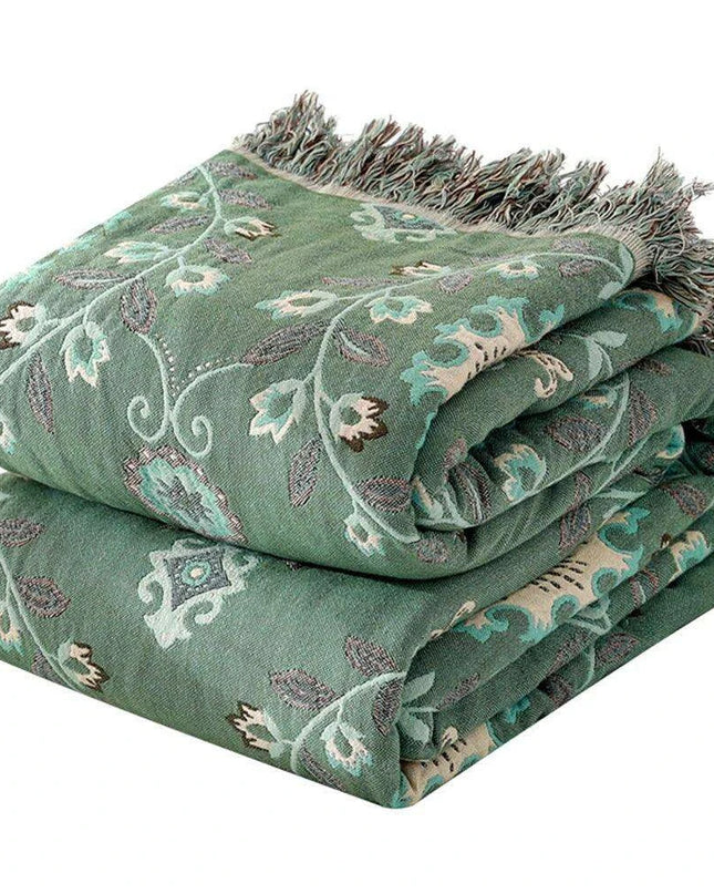 Reversible Jacquard Cotton Sofa Throw Blanket with Non-Slip Design