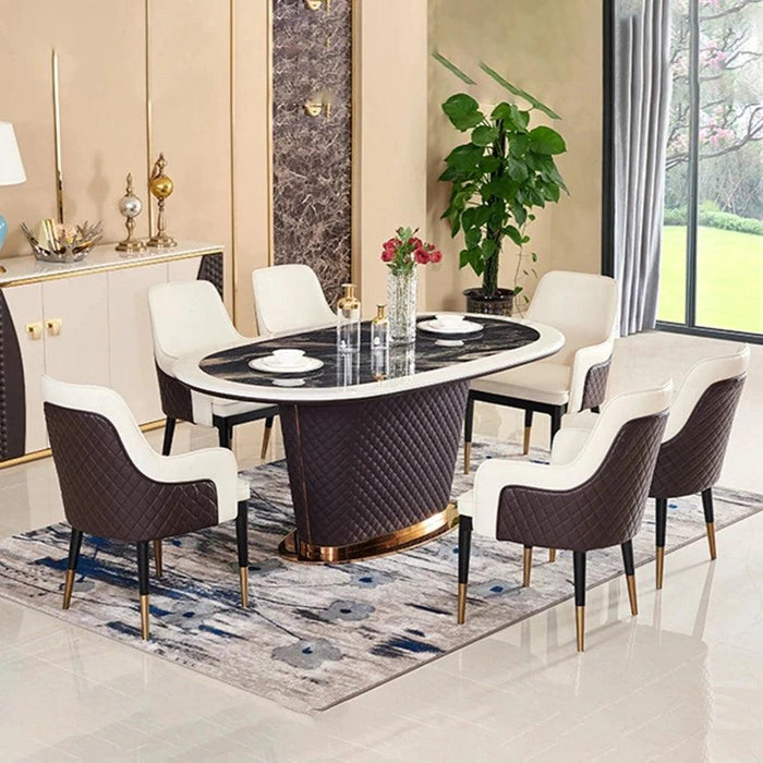 Genuine Leather Chairs & Elegant Marble Table with Stainless Steel Accents