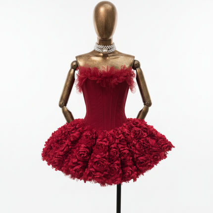 3D Floral Tulle Corset Dress — Strapless Puffy Fit & Flare in Red, Black & Beige