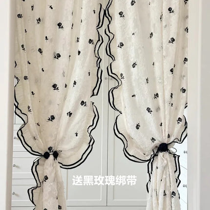 Black Lace Rose Embroidered Window Curtain – Semi-Sheer