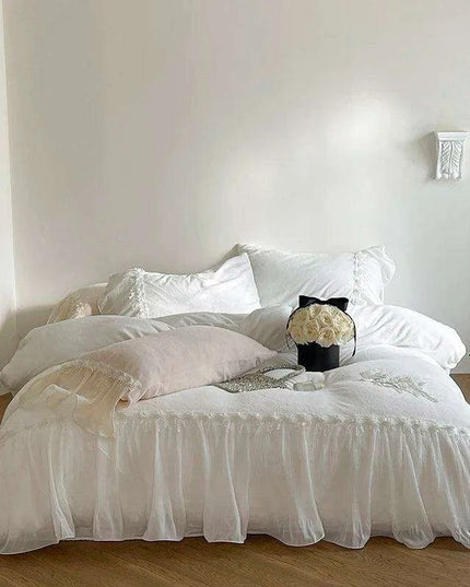 French Lace Ruffle Bedding Set with Velvet Duvet Cover and Floral Embroidery - 4-Piece Ensemble