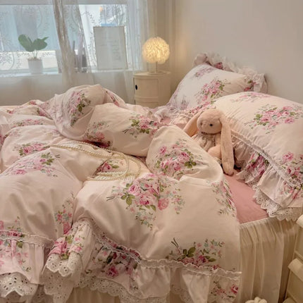Vintage Floral Cotton Bedding Set - 100% Cotton Ruffle Edge Duvet Cover Set