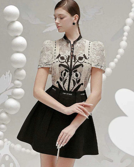 Floral Embroidery Lace Top and Pleated Skirt Set