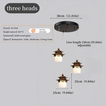 Solid Wood & Glass LED Pendant Light — Oriental Design, E27, Tri-Color