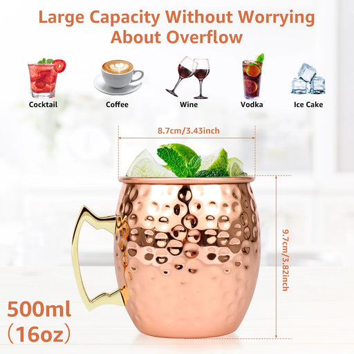 Elegant Rose Gold Hand-Hammered Moscow Mule Mugs - 16oz Stainless Steel Cups