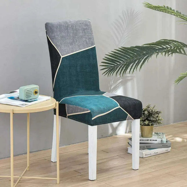 Elegant Geometric Blue-Grey Stretch Chair Covers for Stylish Dining Experiences