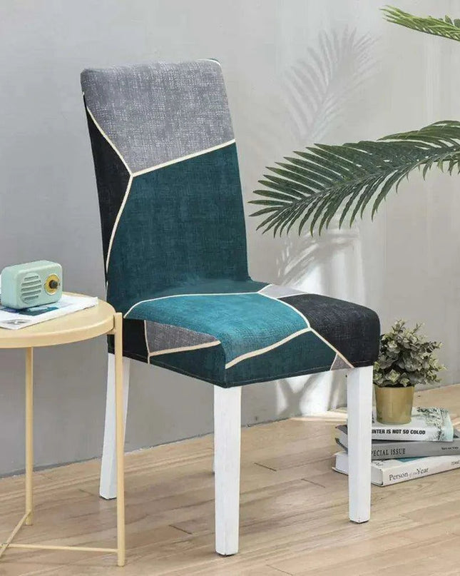 Elegant Geometric Blue-Grey Stretch Chair Covers for Stylish Dining Experiences