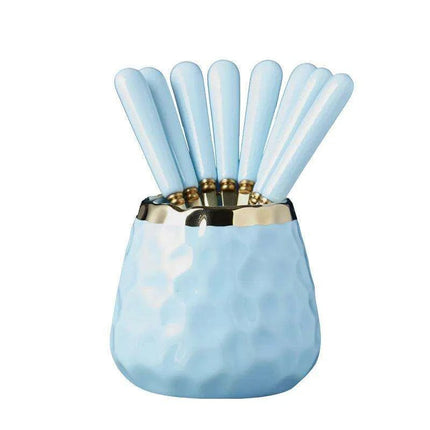 Elegant Golden Veined Ceramic Cutlery Collection with Chic Storage Holder
