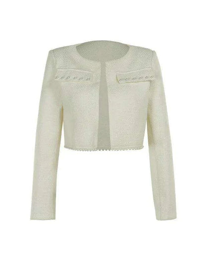 Chic Autumn Duo: Pearl-Embellished Long Sleeve Coat and Strapless Mini Dress Set