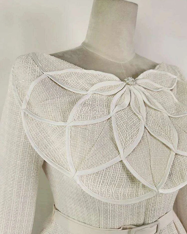 Sophisticated Double Breasted Tweed Ensemble with Petal Neck and Waist Belt - Women's Fall Collection 2024