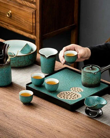 Elegant Vintage Chinese Kung Fu Tea Set with Side Handle Teacups and Tray