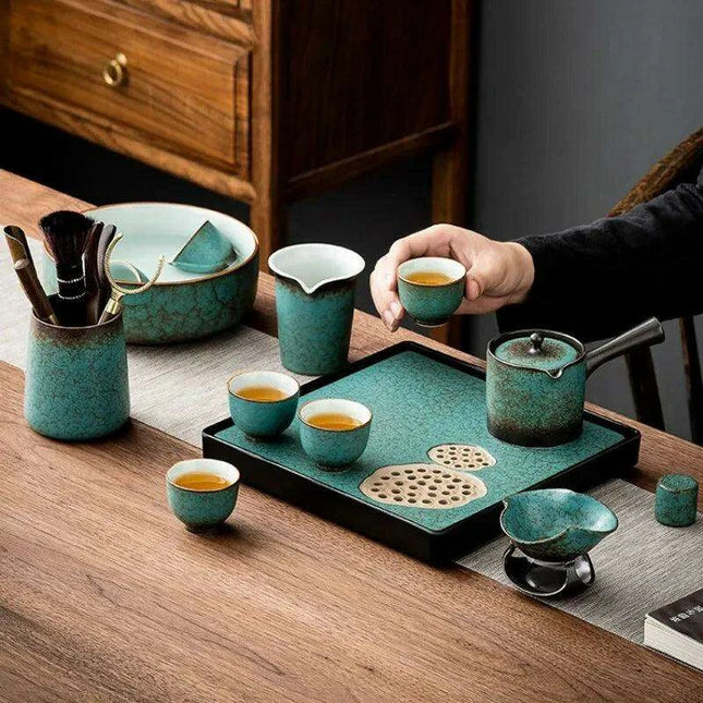 Elegant Vintage Chinese Kung Fu Tea Set with Side Handle Teacups and Tray