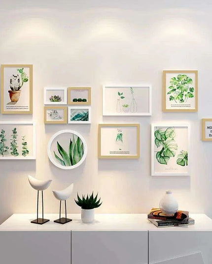 Nordic-Inspired Wall Art Set with Green Plants, Clocks, and Decorative Shelf for Elegant Home Decor