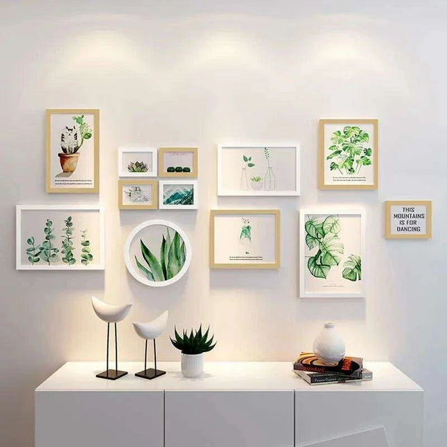 Nordic-Inspired Wall Art Set with Green Plants, Clocks, and Decorative Shelf for Elegant Home Decor