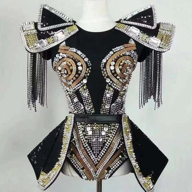 Sparkling Bespoke Crystal-Studded Bodysuit for DJs and Stage Performers