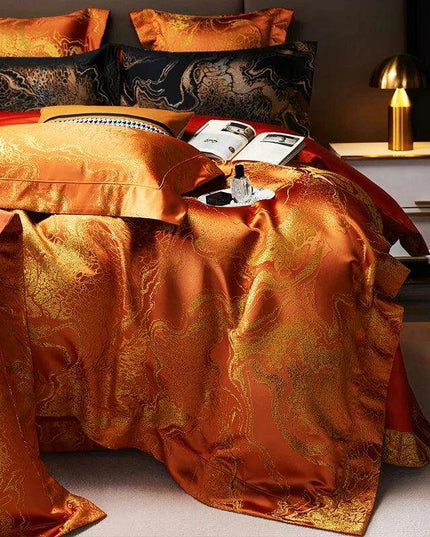Luxurious Golden Jacquard Satin Bedding Set - 4-Piece Black Duvet & Egyptian Cotton Sheets