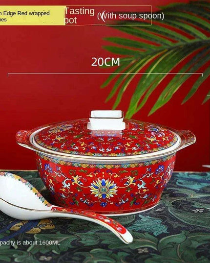 Authentic Elegant Under-glazed Ceramic Soup Pot with Lid and Spoon - Large Round Design with Gold Accents for Chinese Dining and Decor