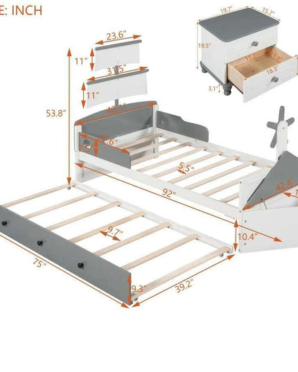 Race Car-Inspired Twin Bedroom Set with Trundle Bed and Nightstands - White/Gray Pine Wood Furniture