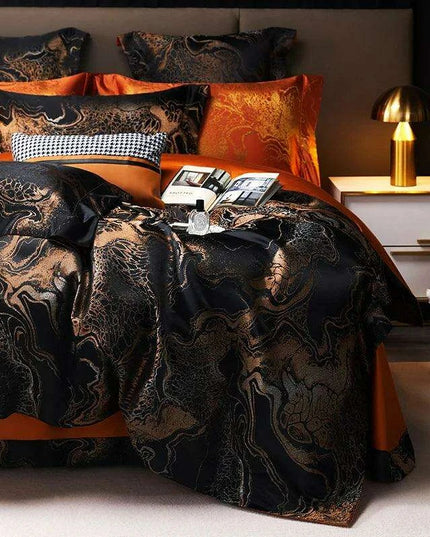 Luxurious Golden Jacquard Satin Bedding Set - 4-Piece Black Duvet & Egyptian Cotton Sheets