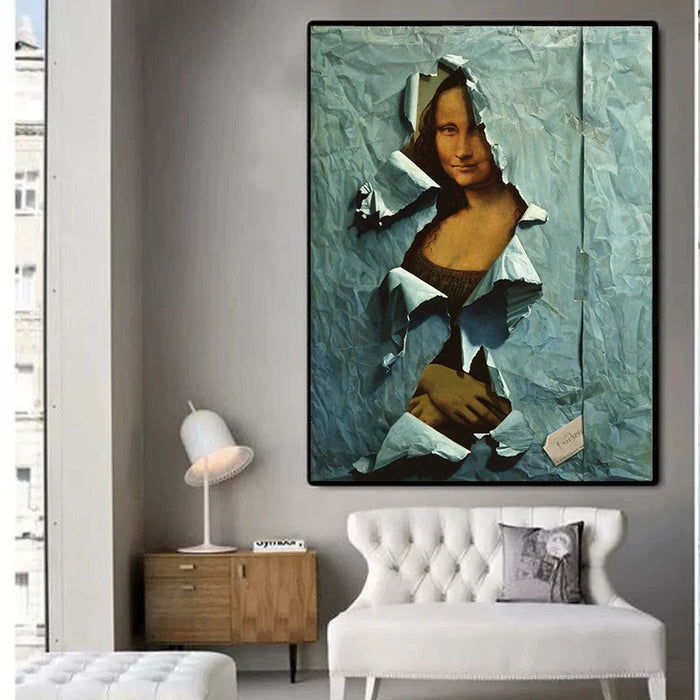 Mona Lisa Spoof Art Canvas Print with Blue Paper Overlay