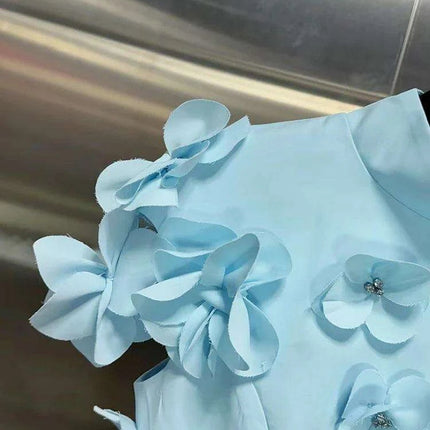 Sophisticated High Waist Appliqued Dress with Elegant Stand Collar and Short Sleeves for Women