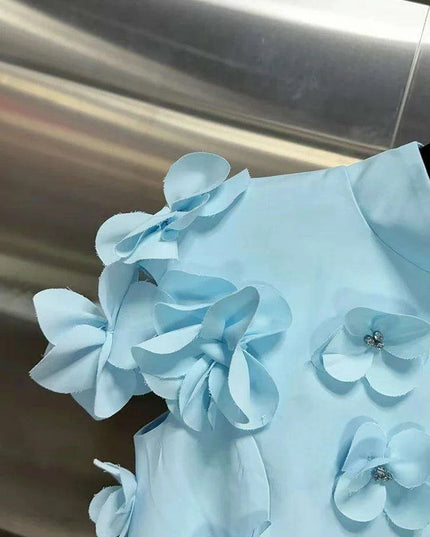 Sophisticated High Waist Appliqued Dress with Elegant Stand Collar and Short Sleeves for Women