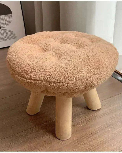 Scandinavian Round Wooden Pouf Stool with Easy-Care Cover