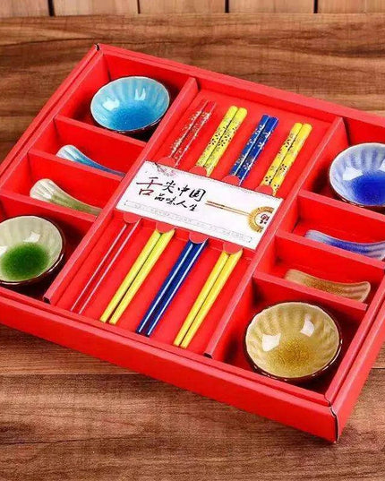 Celestial Harmony: Exquisite Handcrafted Chinese Dining Set with Elegant Chopsticks and Porcelain Plates