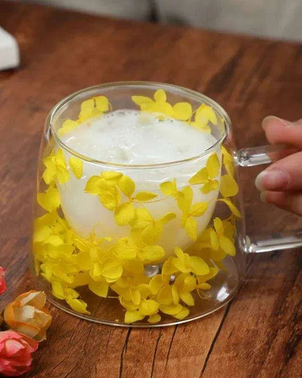 Insulated Double Wall Glass Cup with Dried Flowers - Creative Tea, Coffee, and Milk Mug with Handle