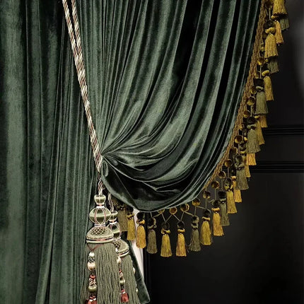 Dark Green Velvet Blackout Curtains with Tassel Trim — Custom Width, 4 Heading Styles | Très Elite