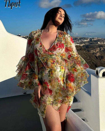 Bohemian Summer Floral V-Neck Dress with Ruffles