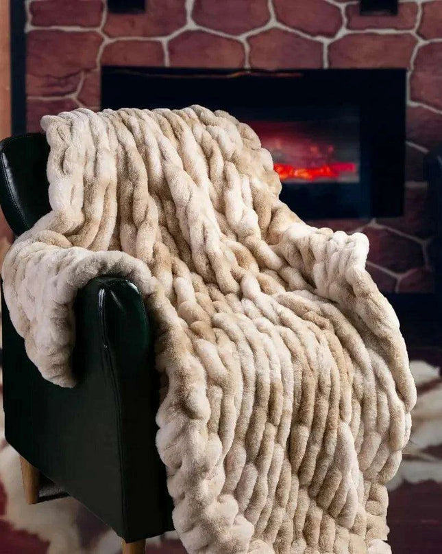 Cozy Beige Ruched Faux Fur Throw - Luxurious Reversible Mink Fleece