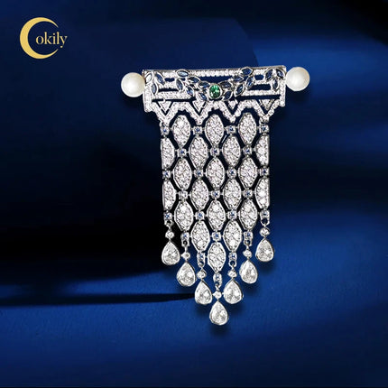 OKILY Retro Palace Style Exquisite Zircon Tassel Brooch Elegant Freshw