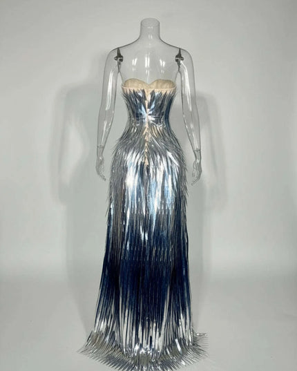 Glamorous Silver Sequin Tube Maxi Gown with Elegant Train