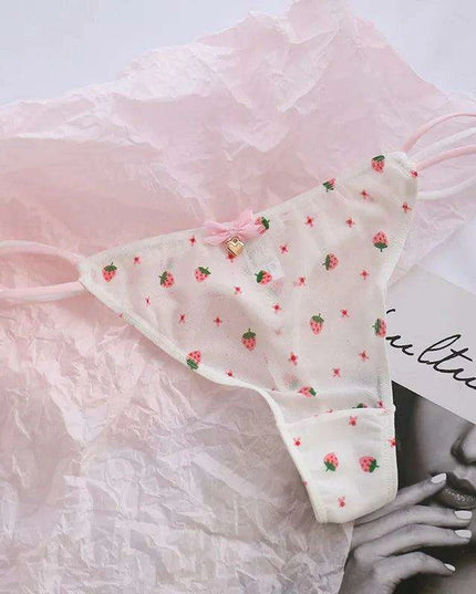 Charming Women's Sheer T-Back Thongs with Playful Strawberry and Cherry Print - Low-Waisted Seamless Sexy Underwear