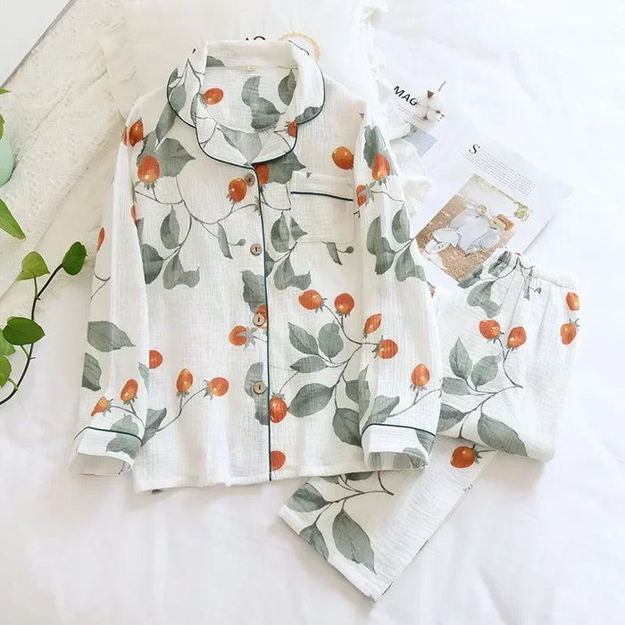 Japanese Crepe Cotton Women's Pajama Sleeve Suit - Autumn & Spring Set