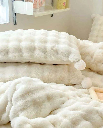 Plush Faux Rabbit Fur Bedding Ensemble with Charming Ball Accents - Duvet Cover, Sheets, and Pillowcases