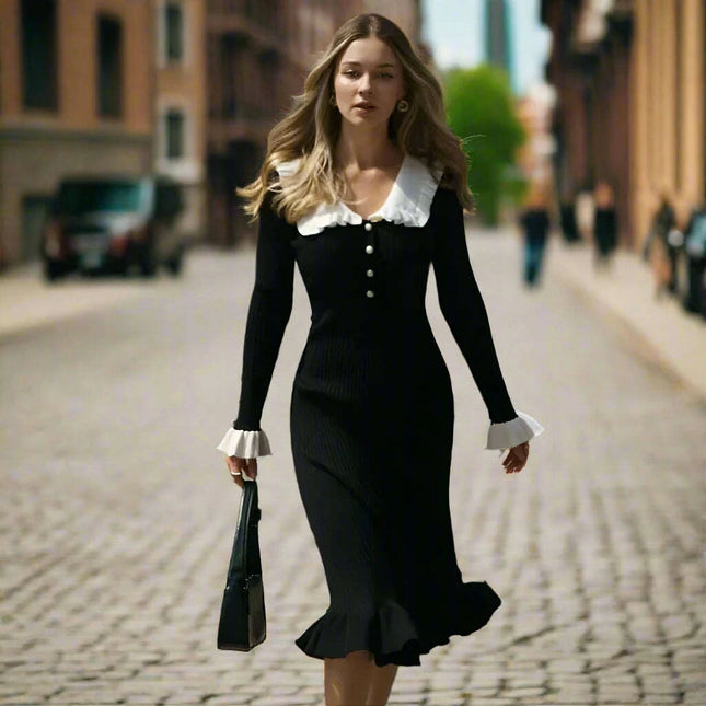 Elegant Vintage Ruffled Knit Maxi Dress - Long Sleeve Gown for Celebrations and Gatherings