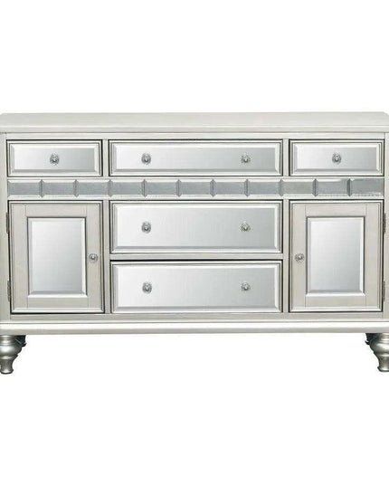 Glistening Silver Dining Ensemble with Crystal-Accented Tufted Chairs