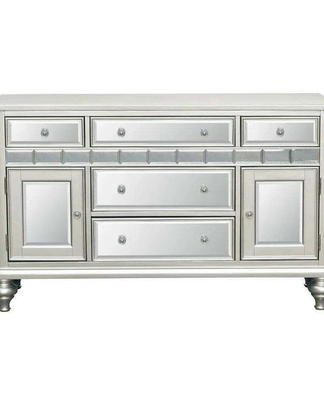 Glistening Silver Dining Ensemble with Crystal-Accented Tufted Chairs