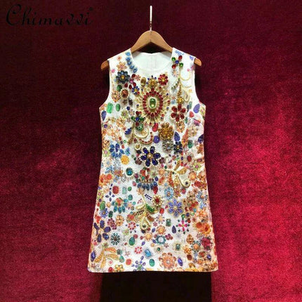 Glamorous Heavy Beaded Diamond A-Line Sleeveless Retro Court Dress